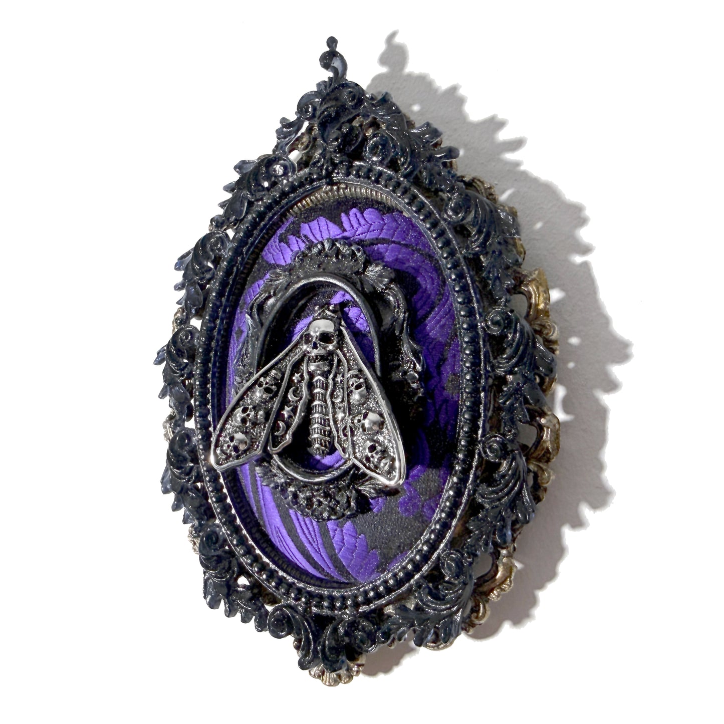 Silver Death Head Moth on Purple and Black Antique Framed Home Deco