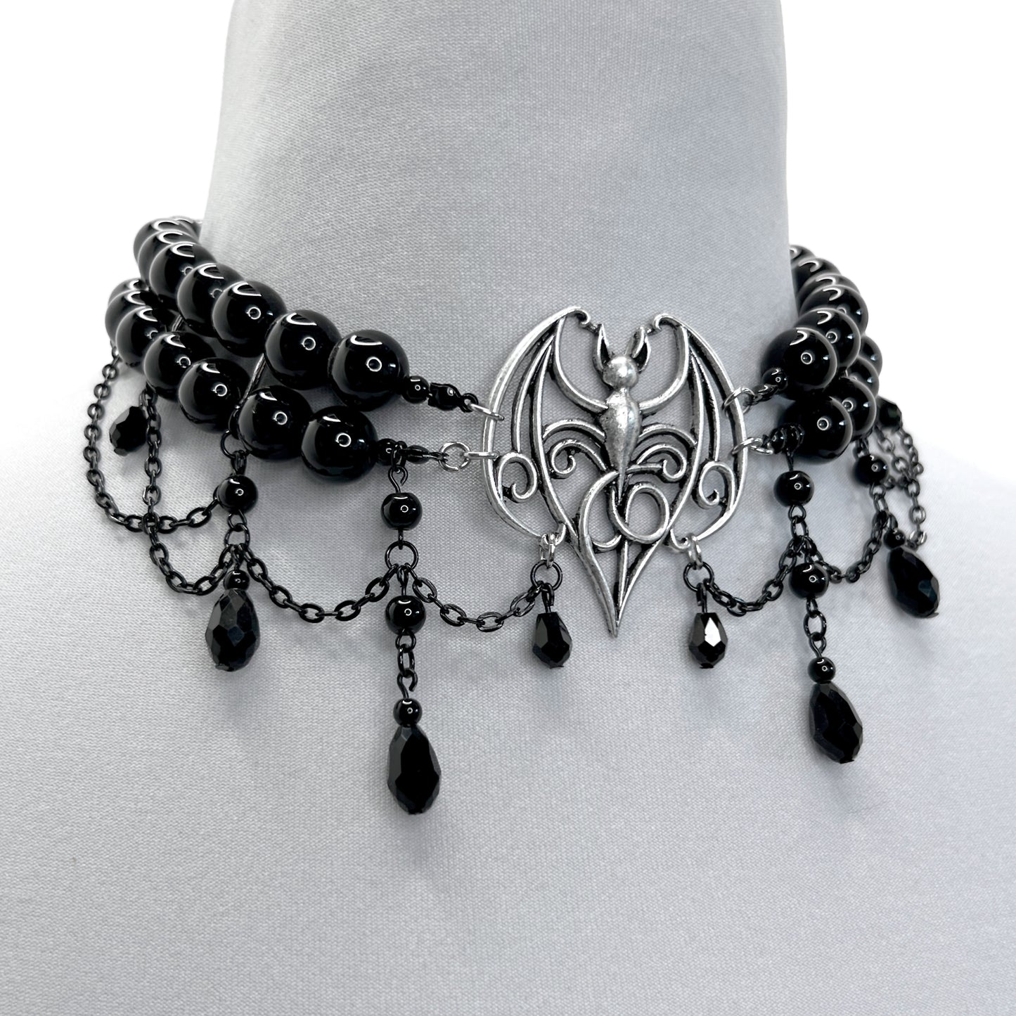 Large SIlver Bat and Black Glass Bead Necklace