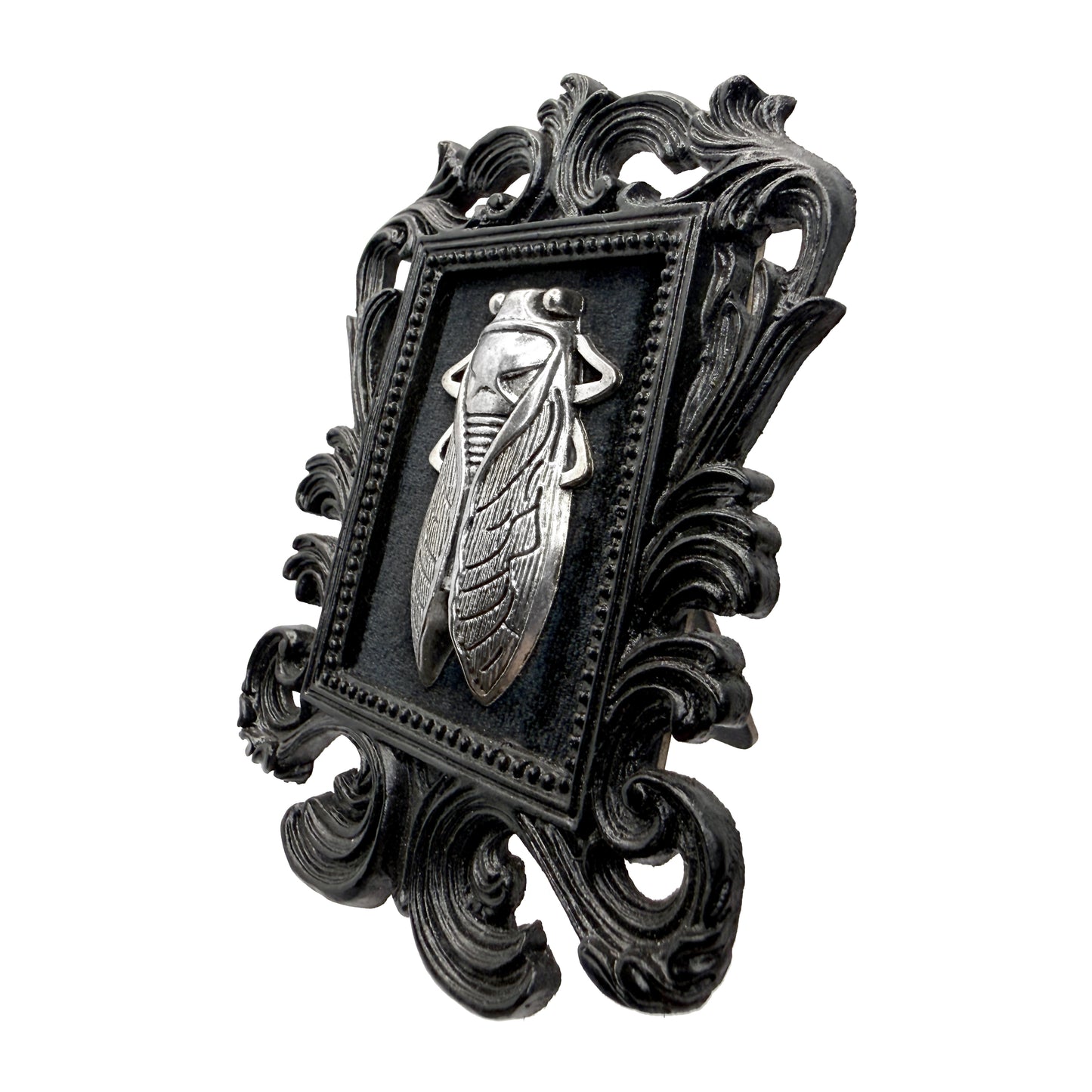 Small Black Resin Square Frame with Silver Beetle on Black Velvet Gothic Home Deco