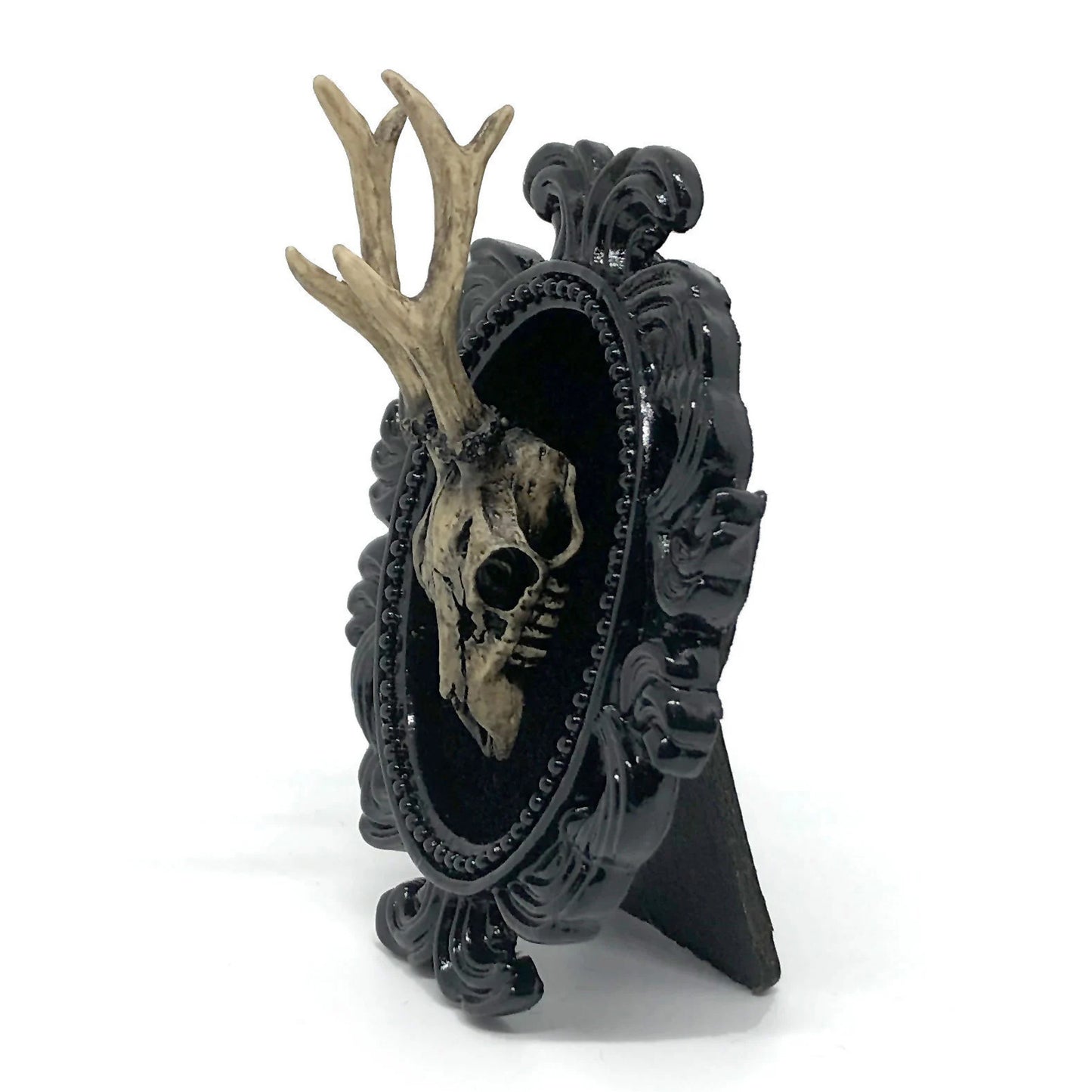 Small Black Resin Oval Frame with Resin Deer Skull on Black Velvet Gothic Home Deco