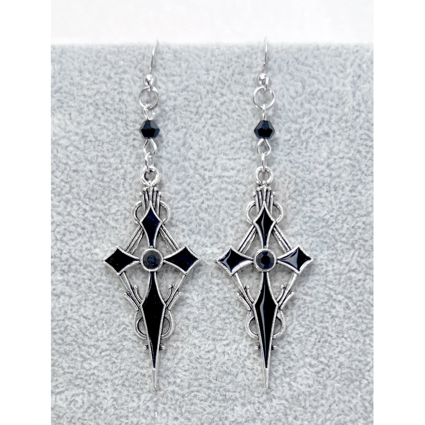 Silver and Black Pointed Gothic Cross and Bead Earrings