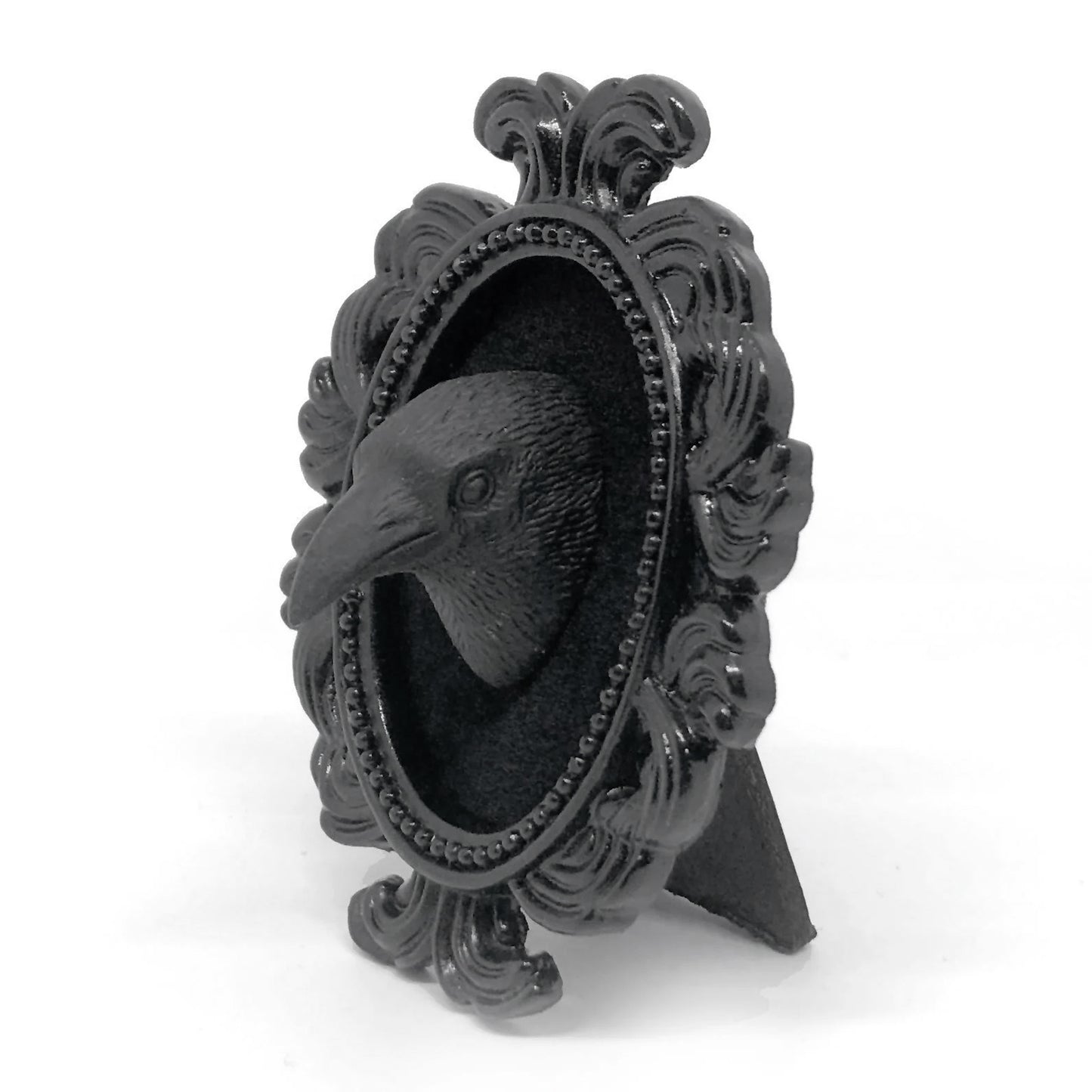 Small Black Resin Oval Frame with Black Raven Head on Black Velvet Gothic Home Deco