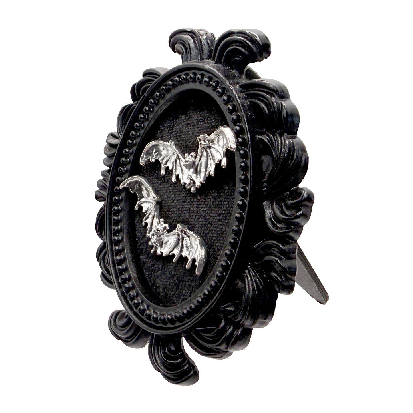 Small Black Resin Oval Frame with Flying Bats on Black Velvet Gothic Home Deco