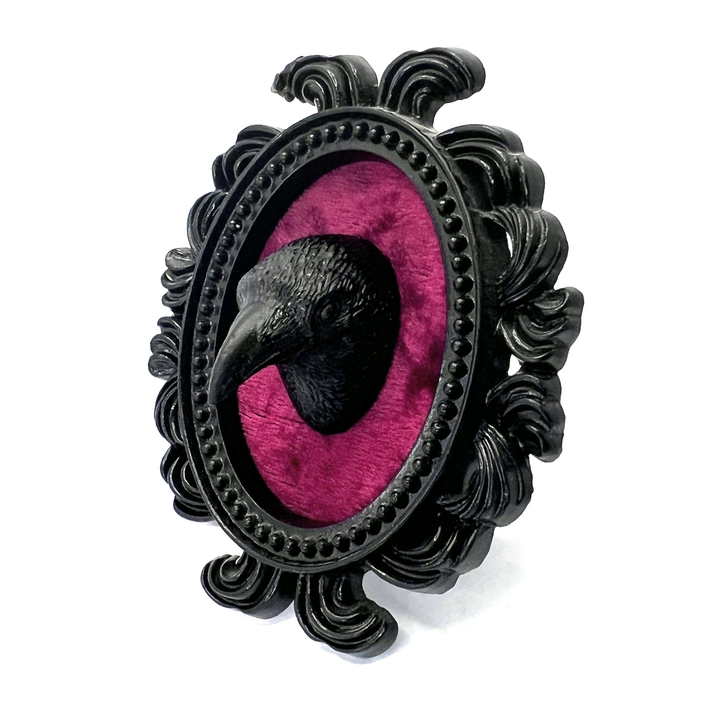 Small Black Resin Oval Frame with Crow Head on Burgundy Velvet Gothic Home Deco