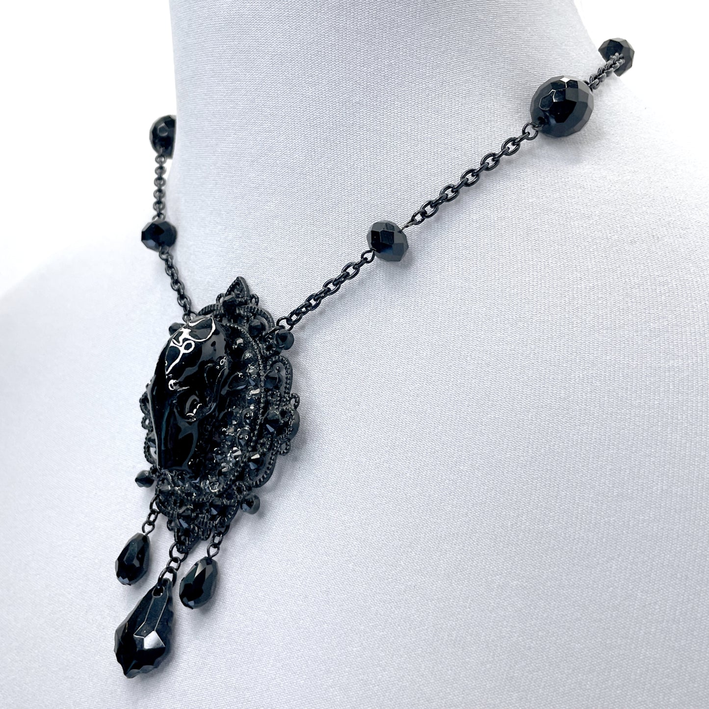 Black Bat Skull and Beads Gothic Necklace