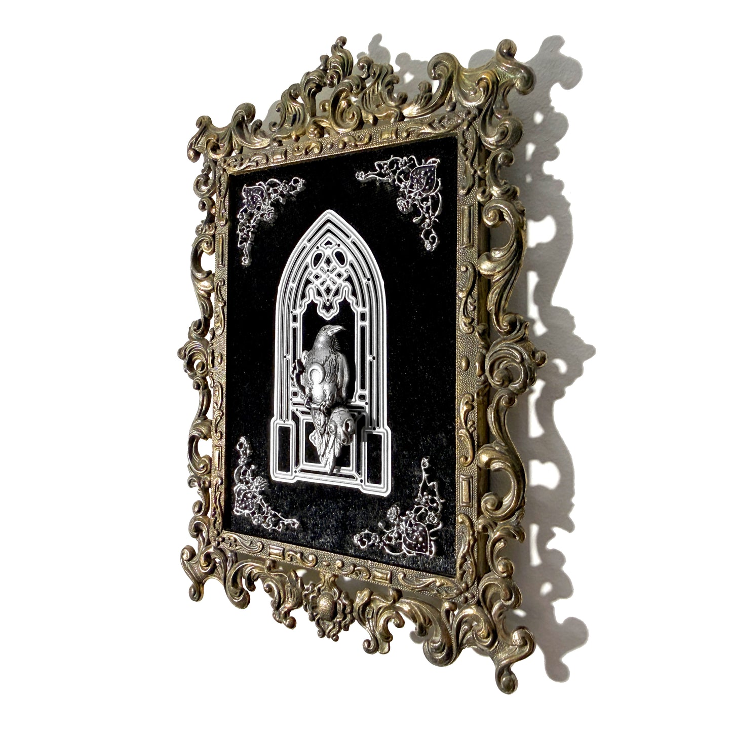 Raven in a Cathedral Window on Black Velvet Antique Framed Home Deco