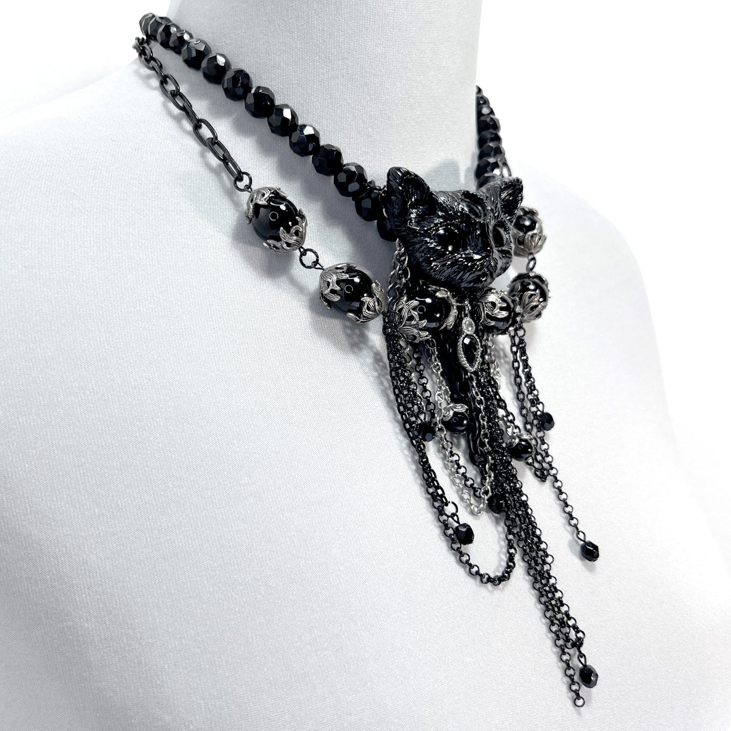 Black Cat with Beads and Chains Gothic Necklace