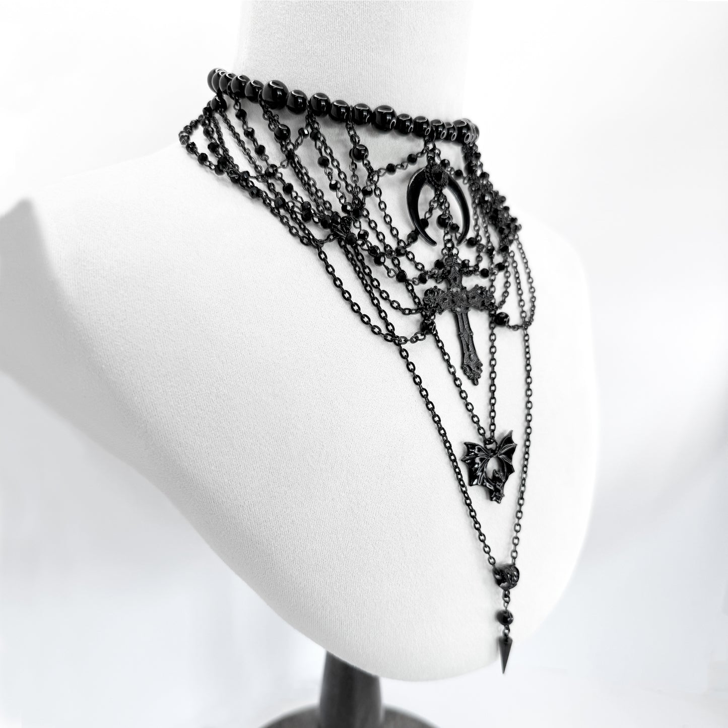 Black Multi-Strand Beaded Gothic Necklace with 4 Pendants