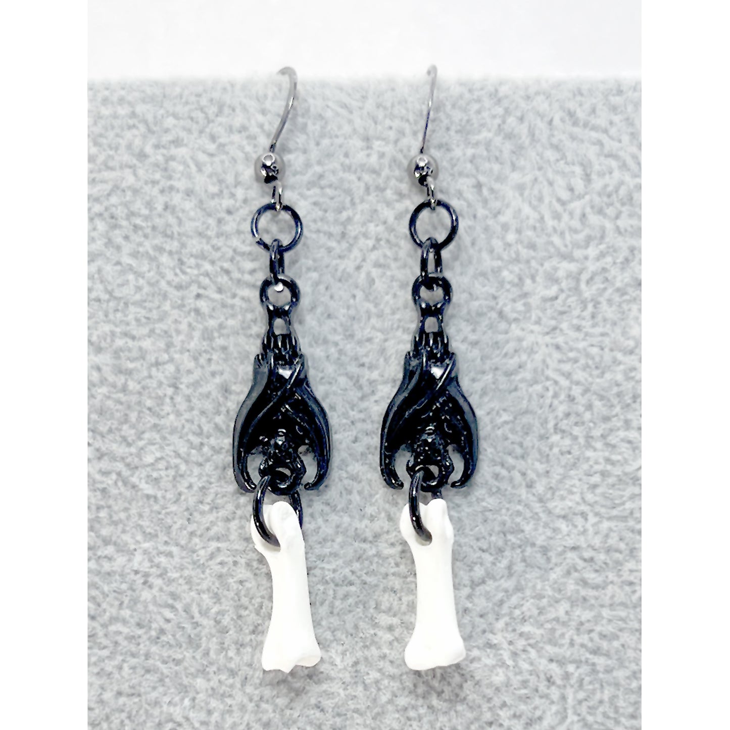 Black Hanging Bat and Bone Earrings