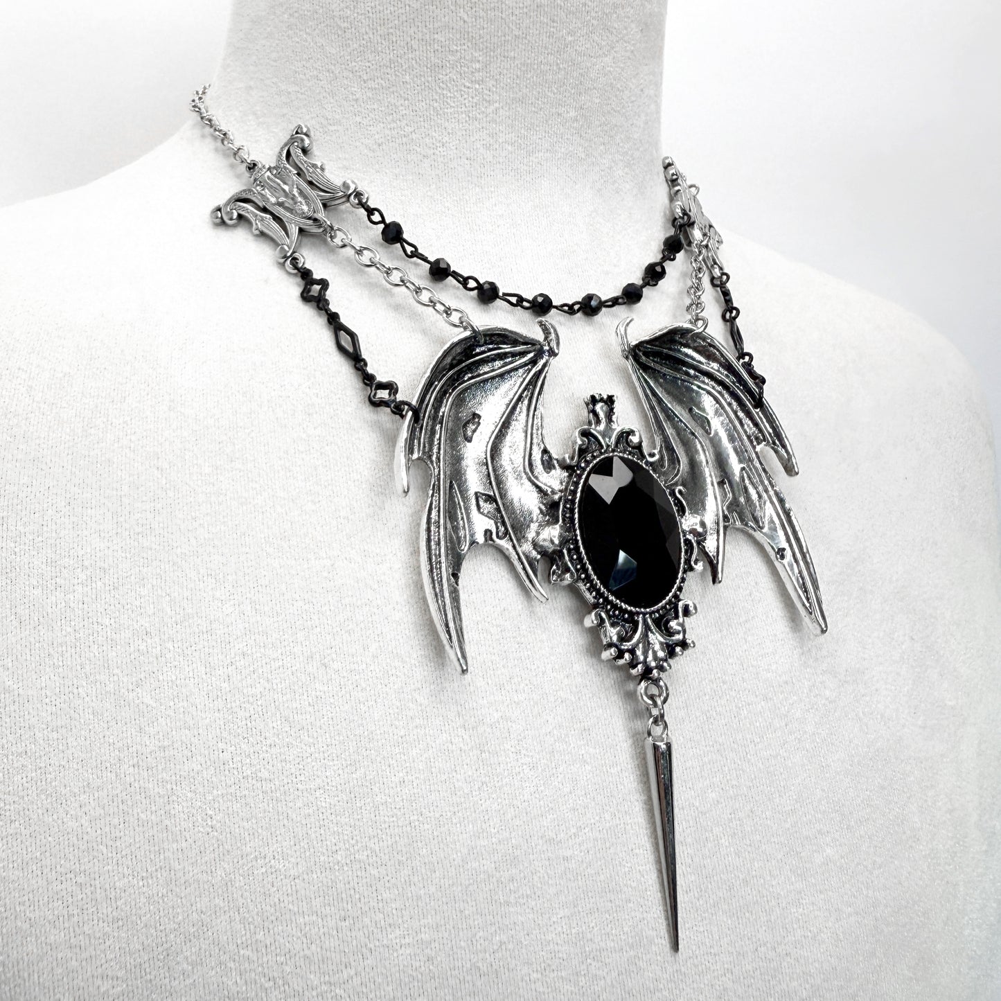 Triple Wings Gothic Black and Silver Necklace