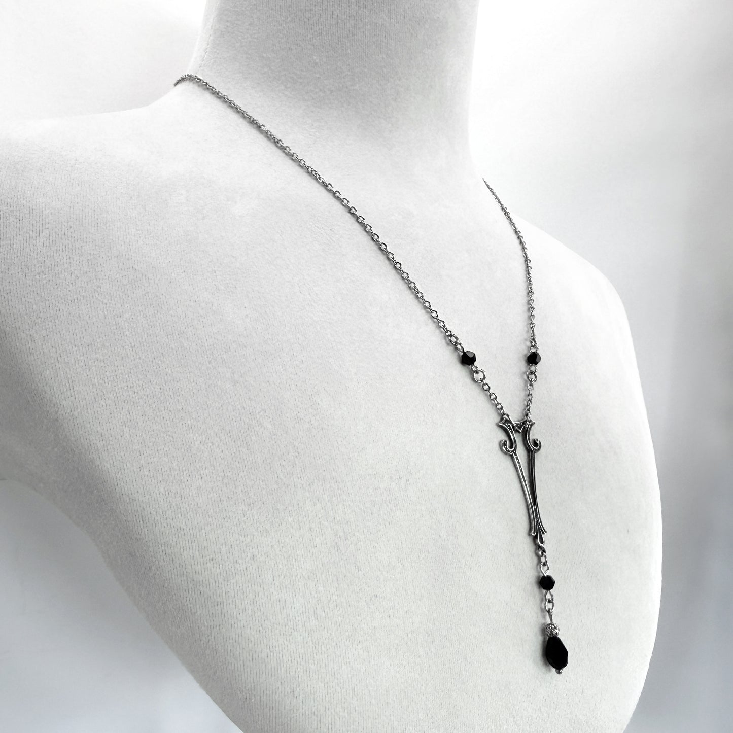 Silver Art Nouveau Charm with Black Beads and SIlver Chain Long Gothic Necklace