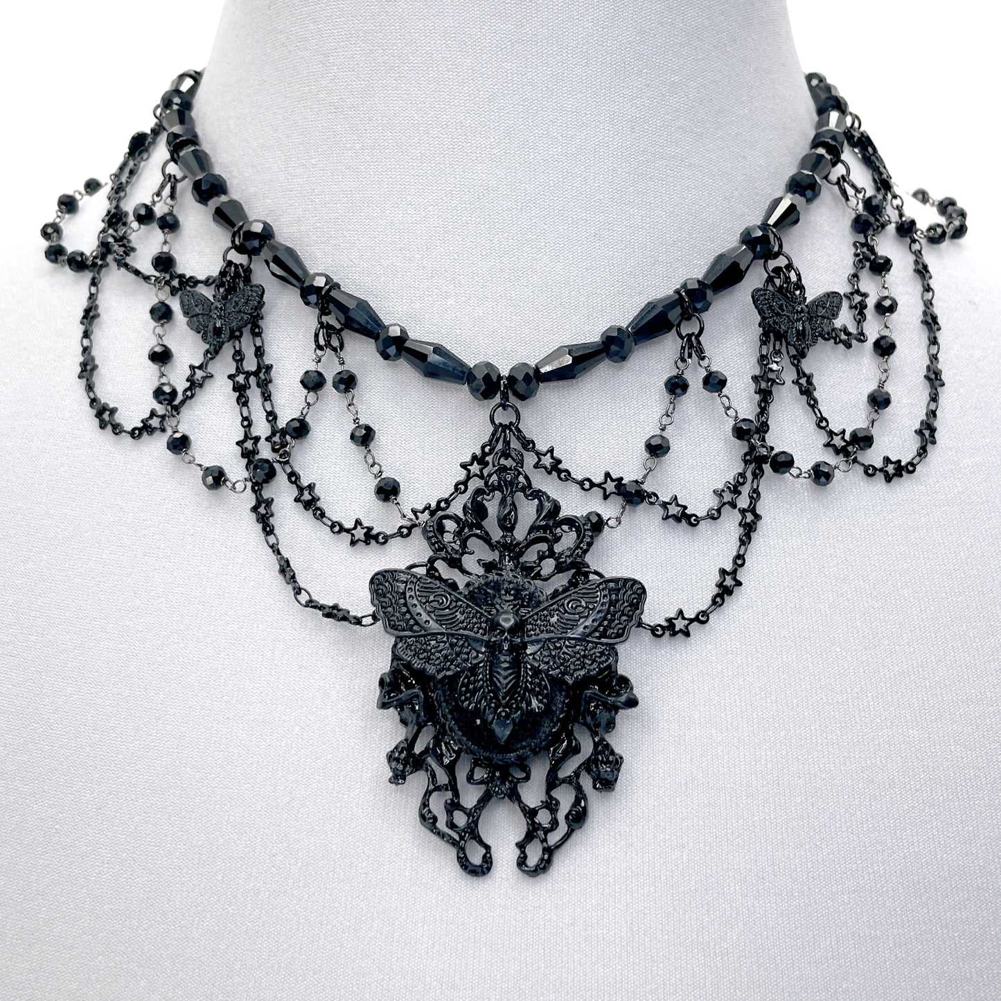 Black Gothic Beaded Necklace with Death Head Moths