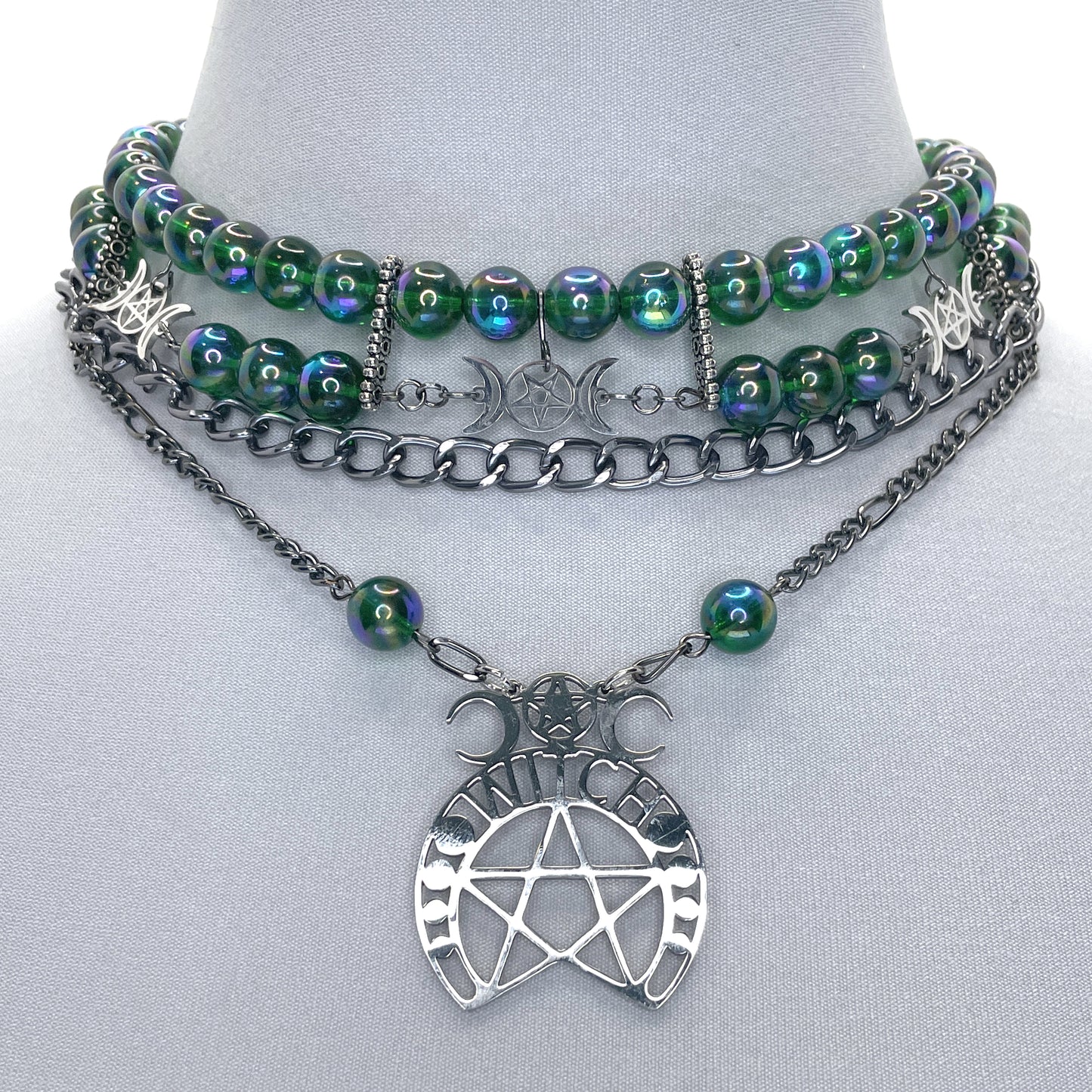 Iridescent Green Beaded Choker with Silver Crescent Moons and Pentacles Gothic Necklace