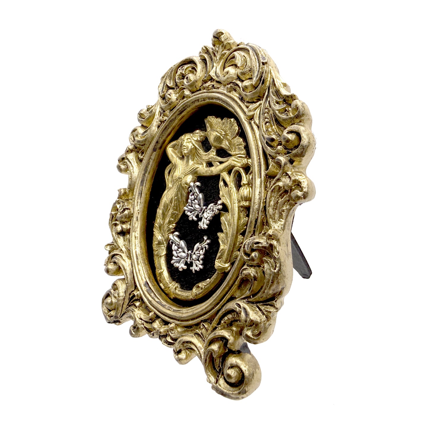 Small Aged Gold Frame with Golden Mermaid and Silver Butterflies on Black Velvet Gothic Home Deco