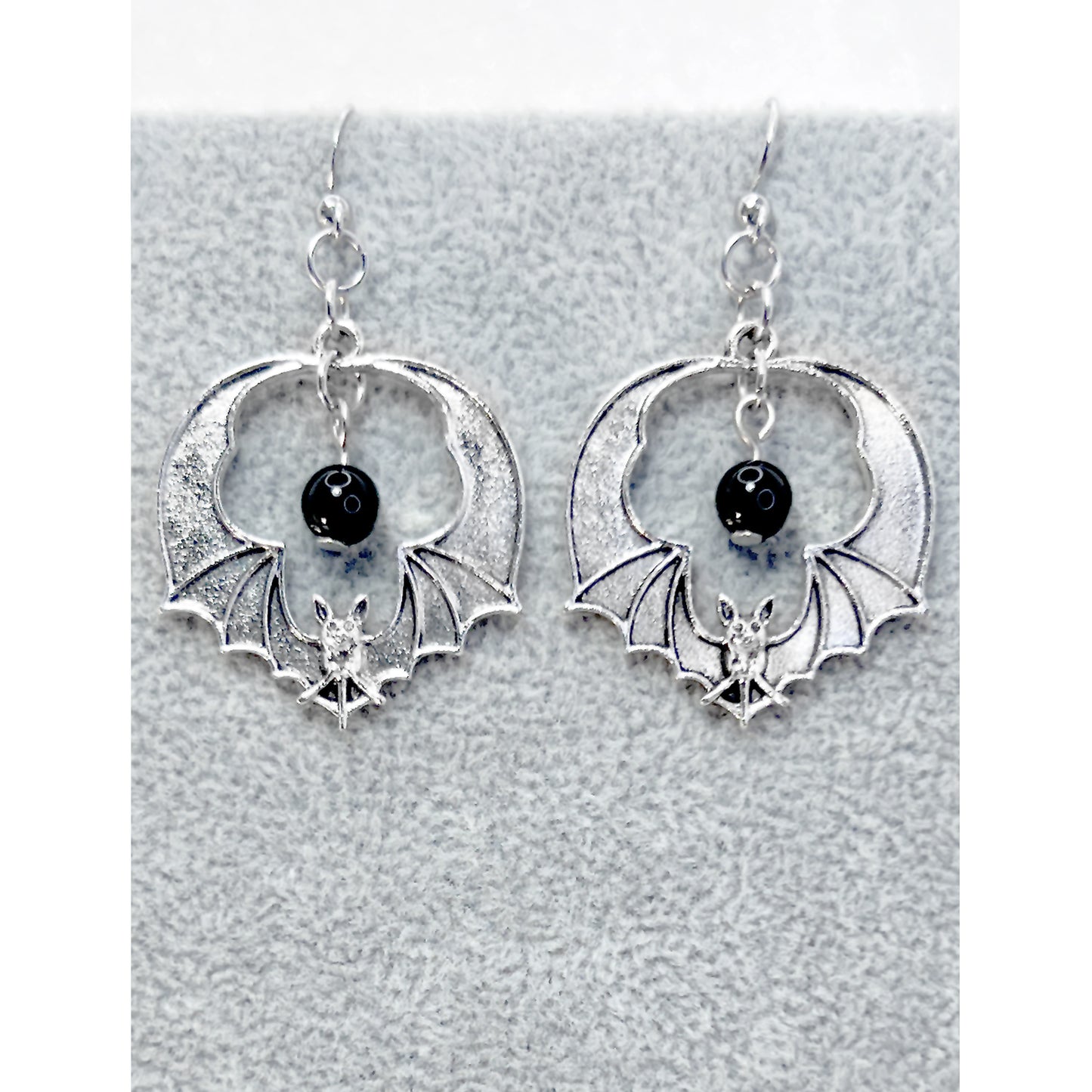 Silver Circle Bat and Bead Earrings