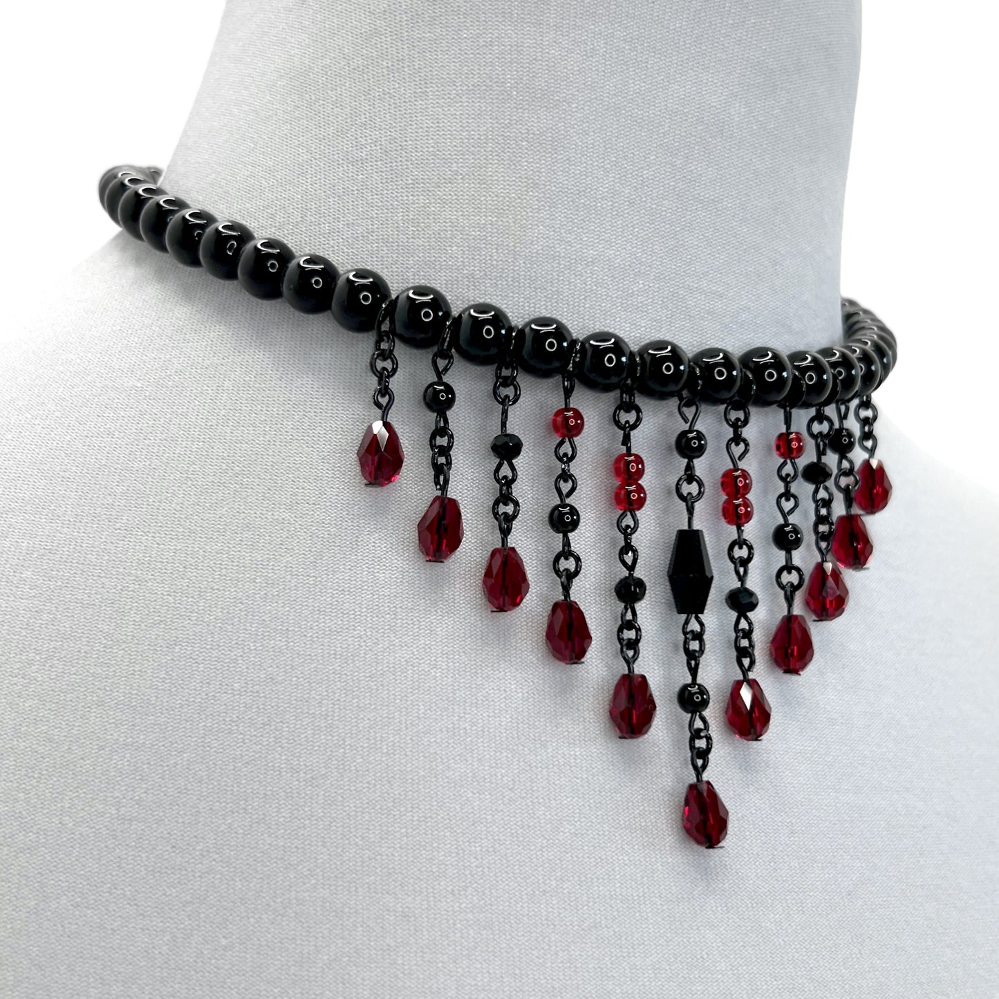 Black and Red Glass Bead Fringe Gothic Choker Necklace (Copy)