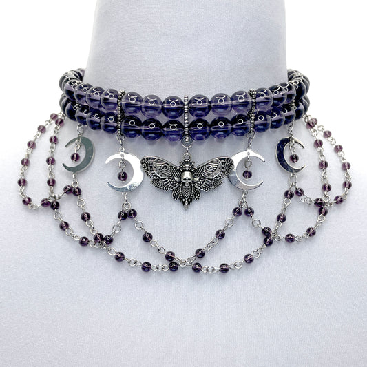 Purple Beaded Choker with Hanging Moth and Moons Multistrand Gothic Necklace
