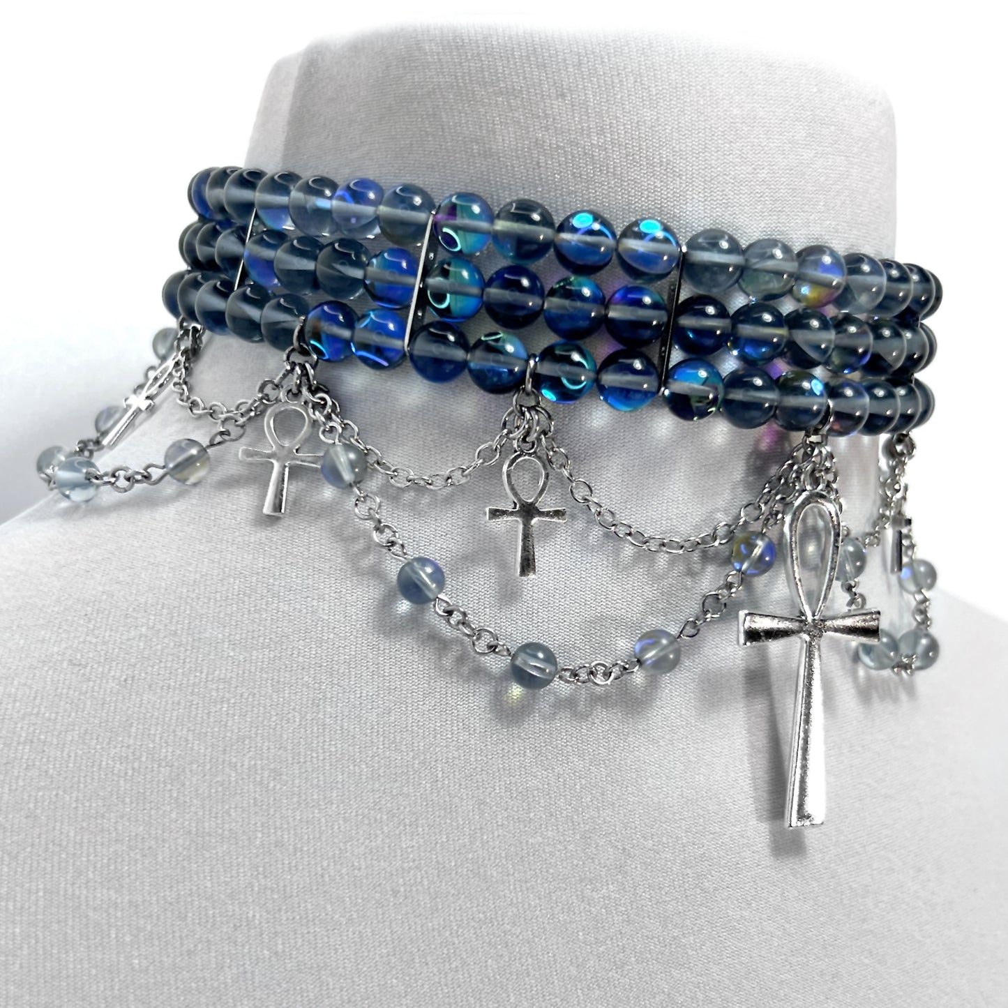 Dark Rainbow Beaded Gothic Choker Necklace with Ankhs