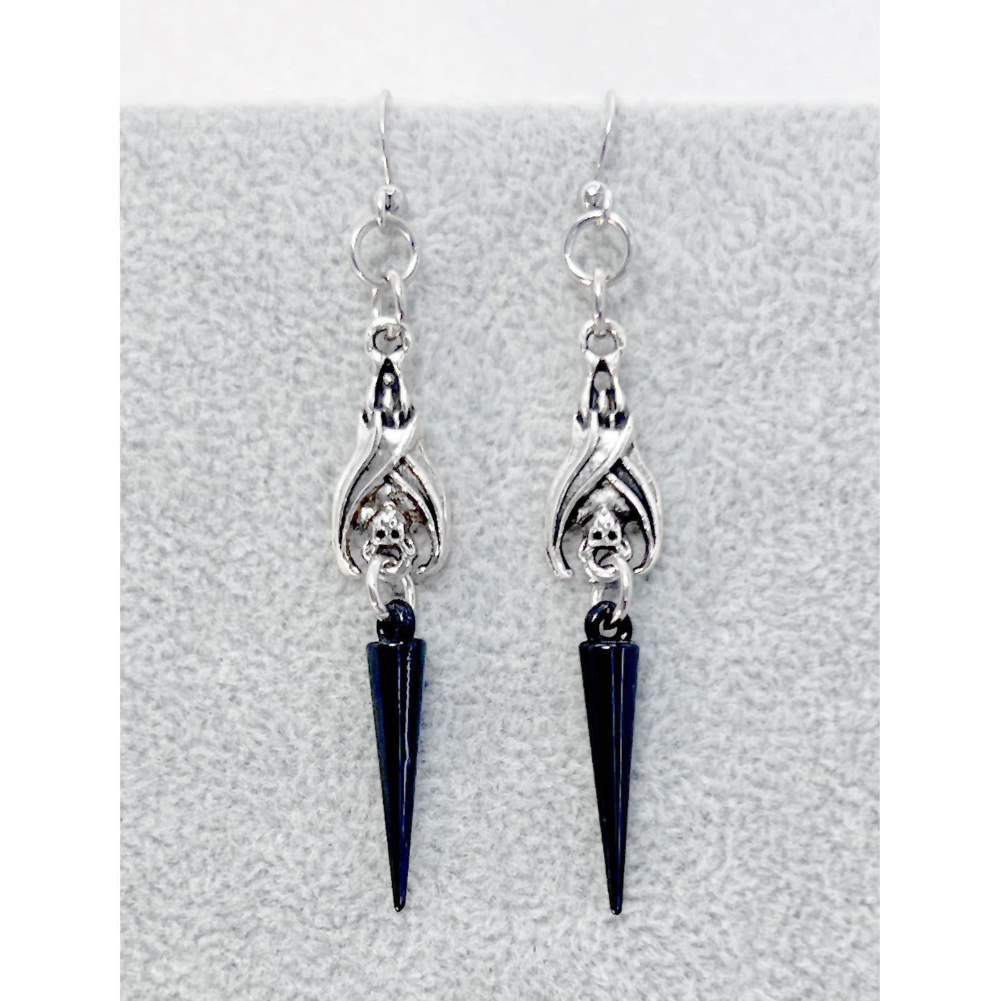 Silver Hanging Bat with Black Spike Earrings