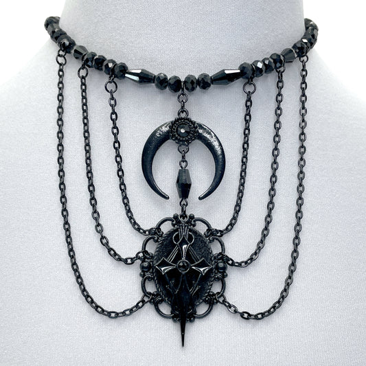 Black Multi-Strand Gothic Necklace with Crescent Moon and Cross