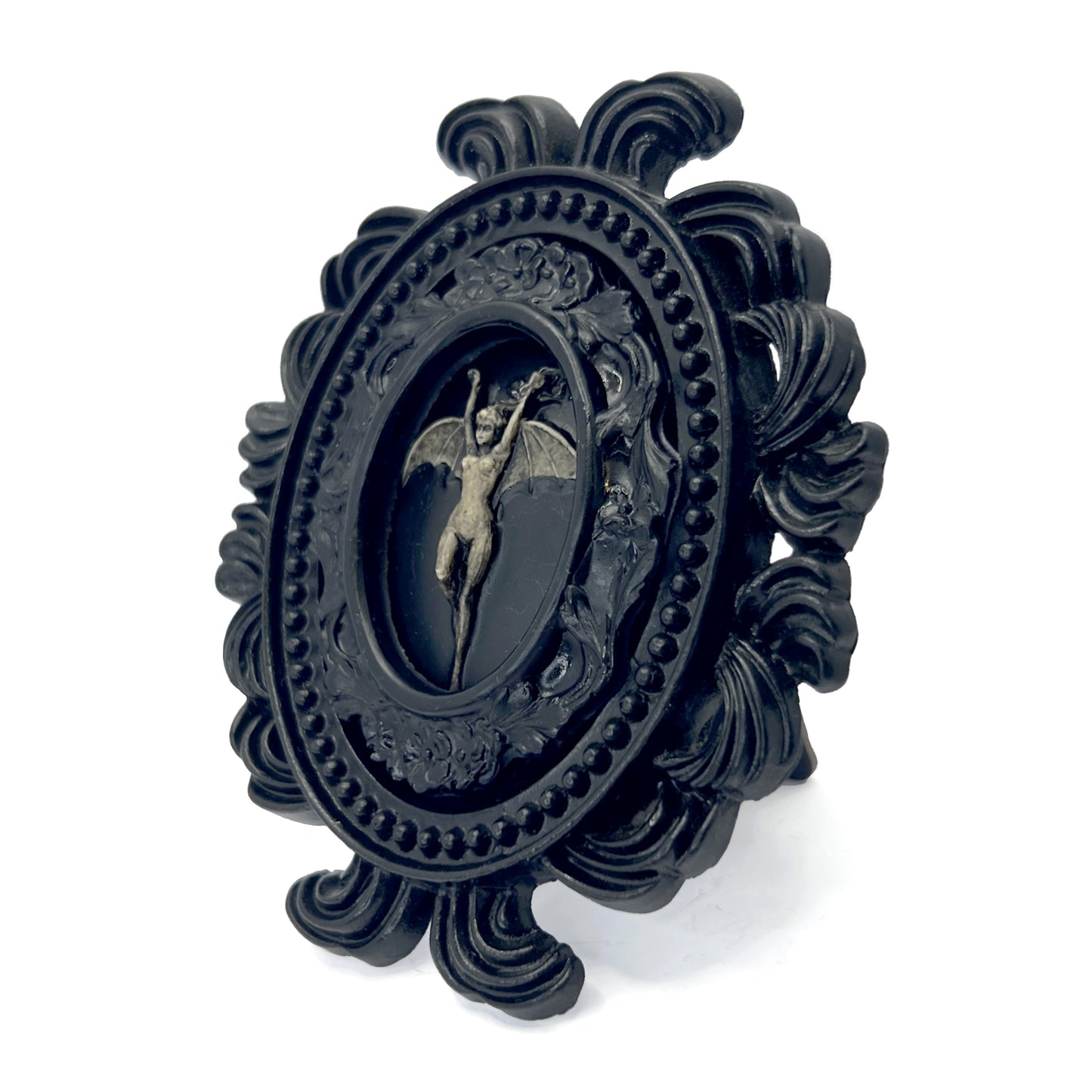 Small Black Resin Oval Frame with Bat Woman Cameo Gothic Home Deco