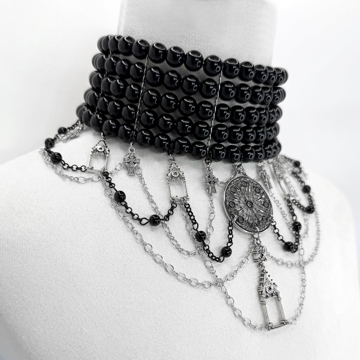 5 Row Black Glass Bead Gothic Choker Cathedral-Themed Necklace