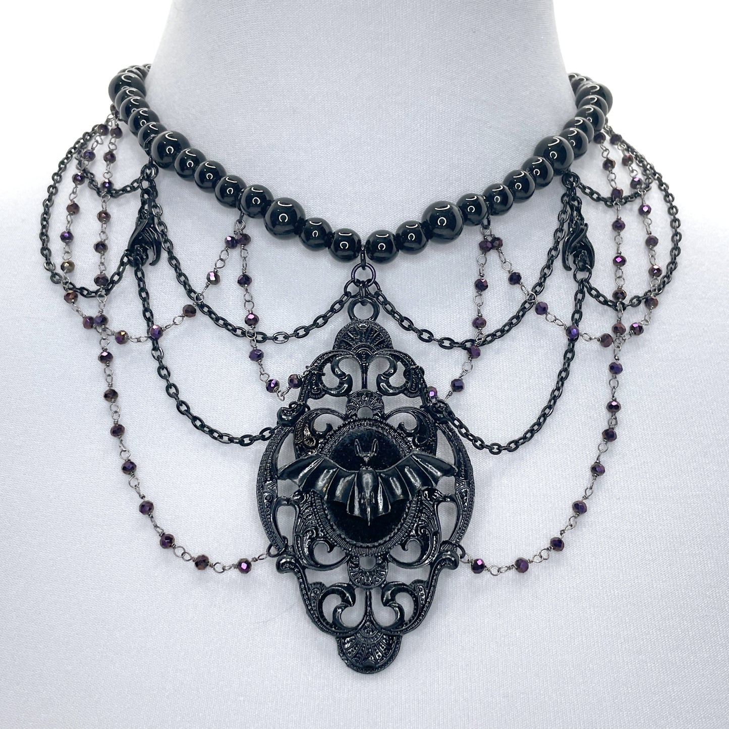 Black and Purple Beaded Gothic Necklace with Bat