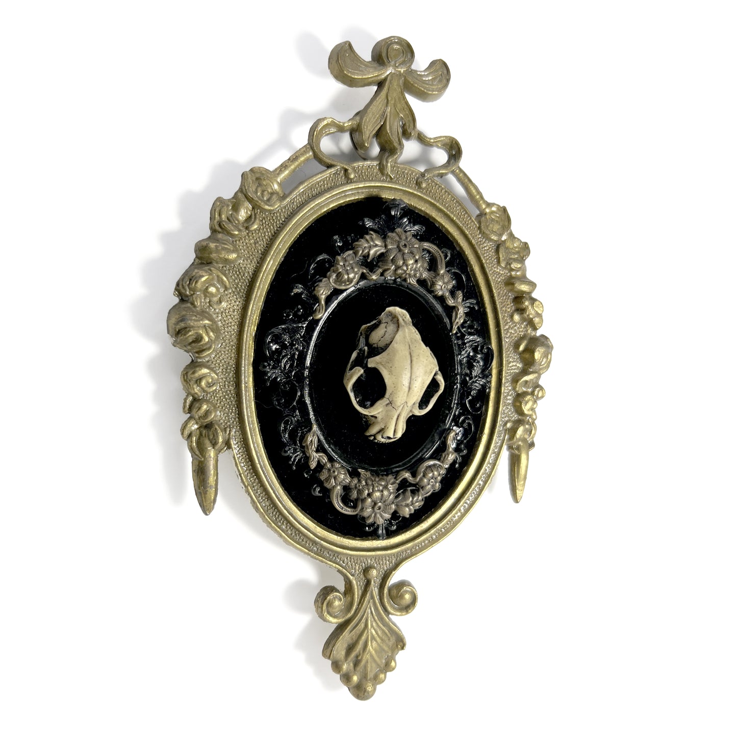 Resin Cat Skull on Black Velvet Antique Framed Home Deco