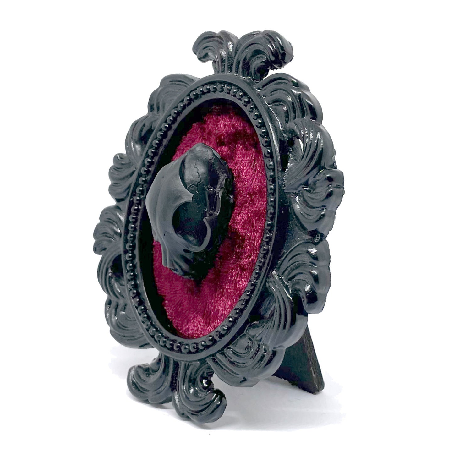 Small Black Resin Oval Frame with Black Resin Cat Skull on Burgundy Velvet Gothic Home Deco