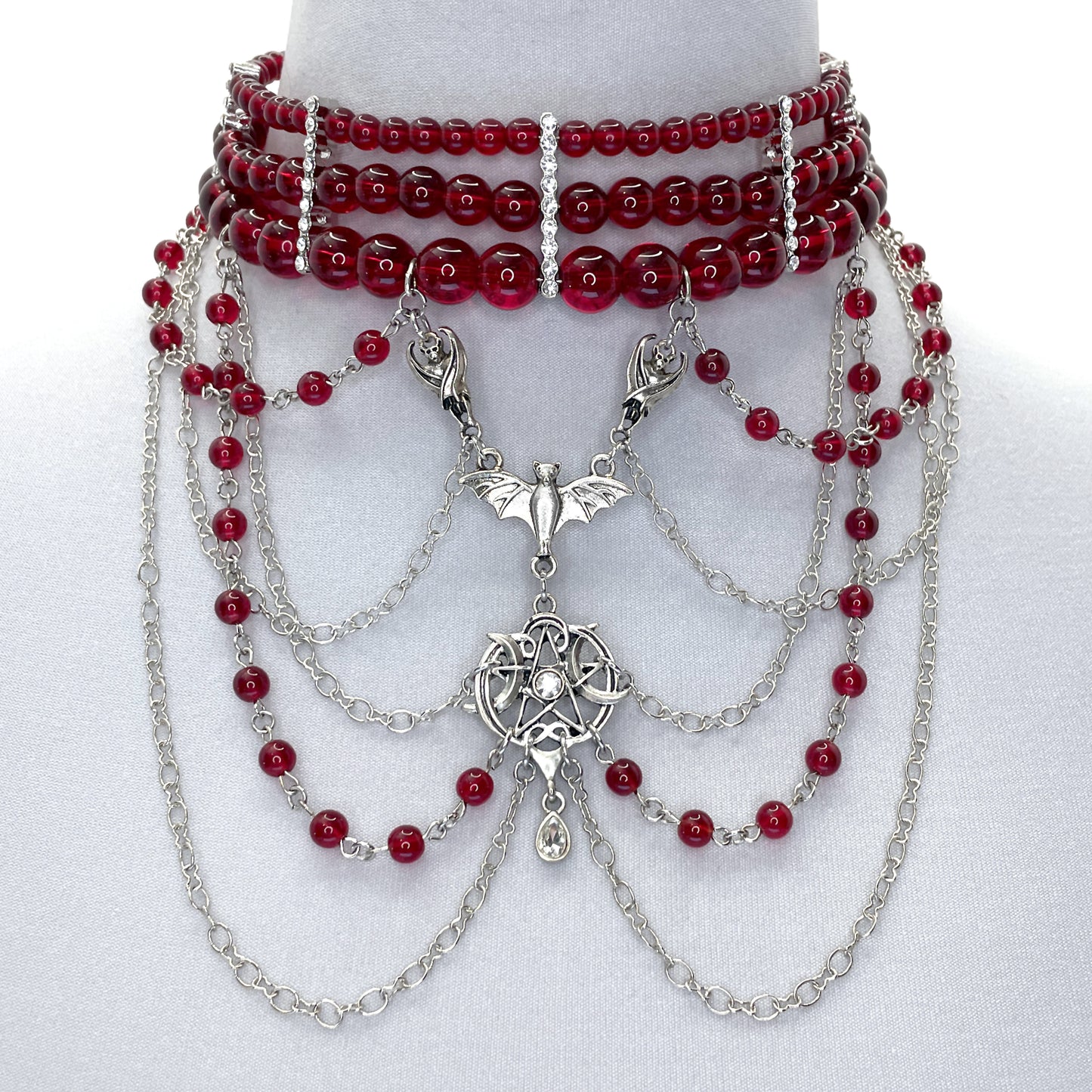 Red Bead Choker with Bats and Pentacle Multistrand Gothic Necklace