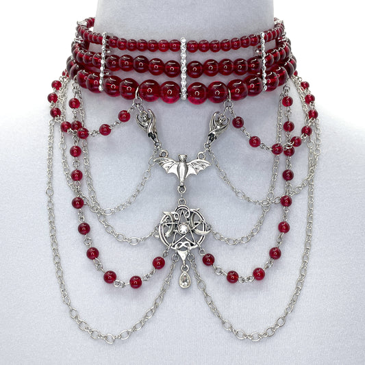 Red Bead Choker with Bats and Pentacle Multistrand Gothic Necklace