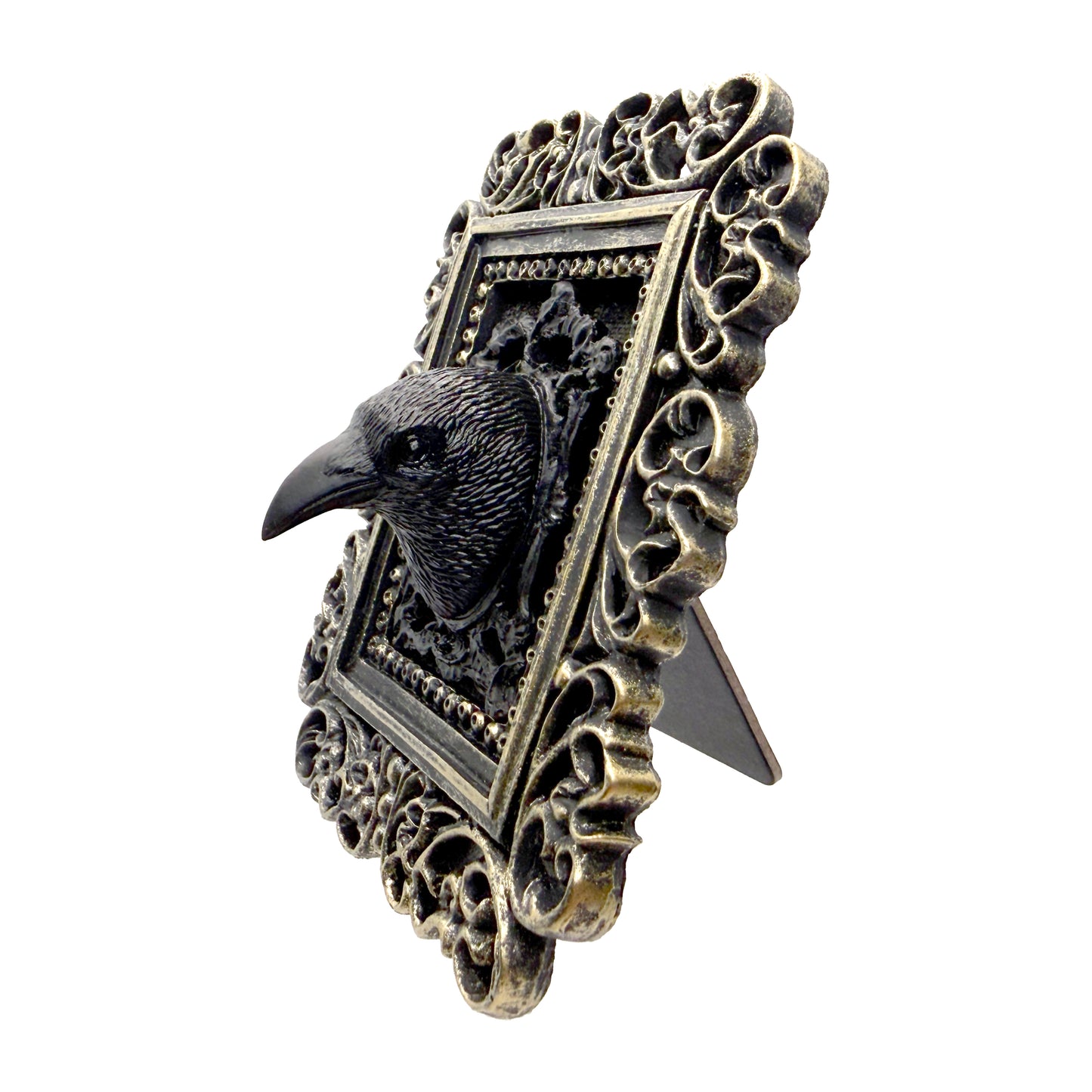 Small Black Gilded Frame with Black Resin Crow Head on Black Velvet Gothic Home Deco