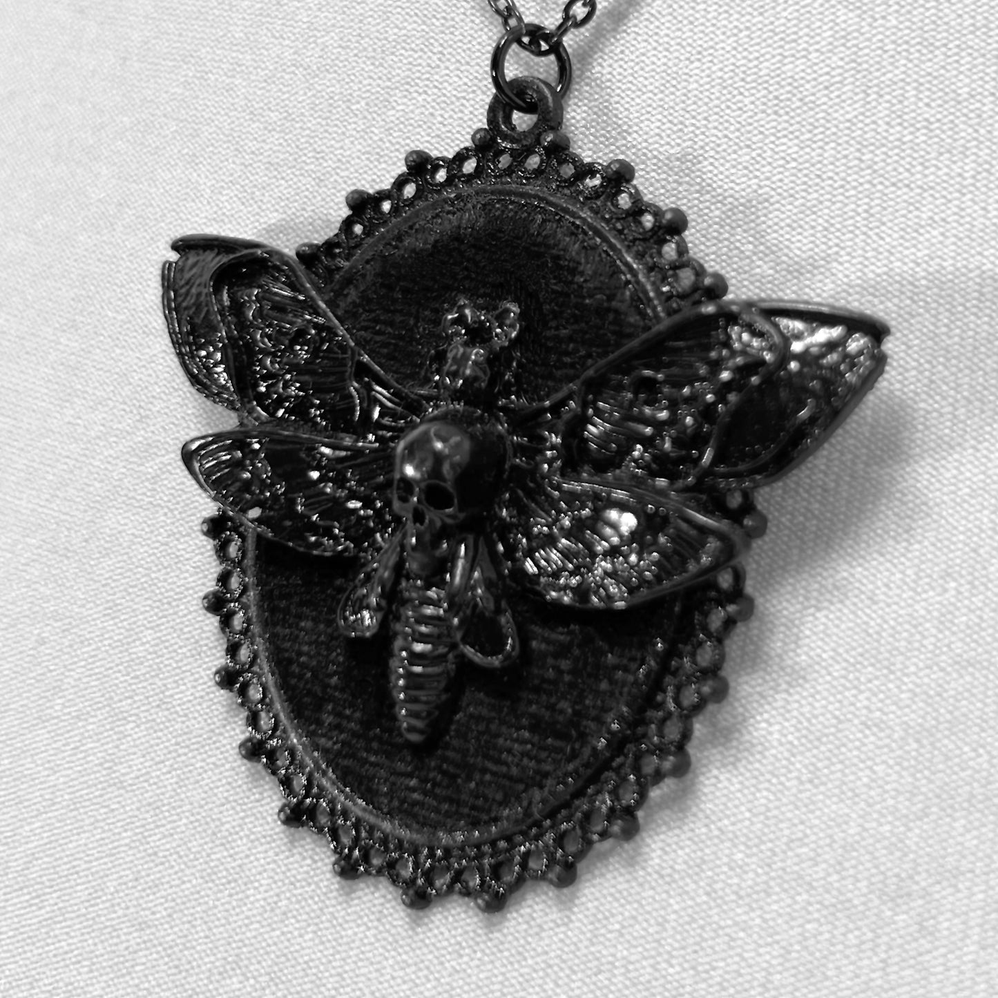 Large Black Death Head Moth on Black Velvet Necklace