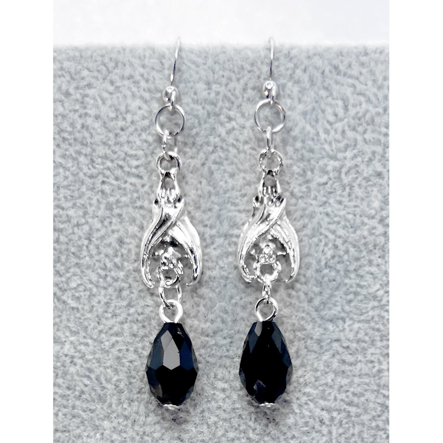 Silver Hanging Bat and Teardrop Black Bead Earrings