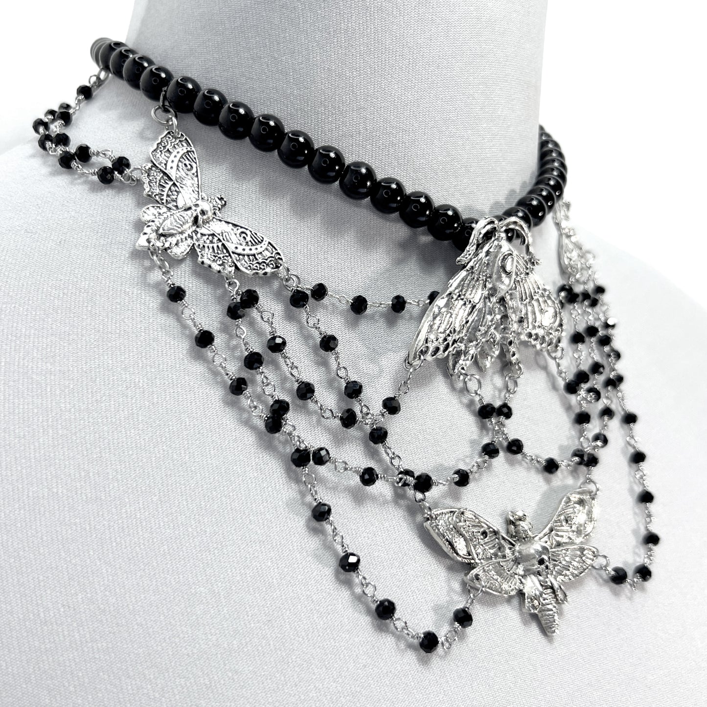 Silver and Black Beaded Gothic Choker Necklace with Silver Moths