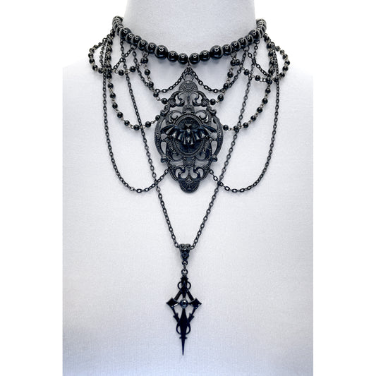 Black Multi-Strand Gothic Victorian Necklace with Bat and Long Hanging Cross