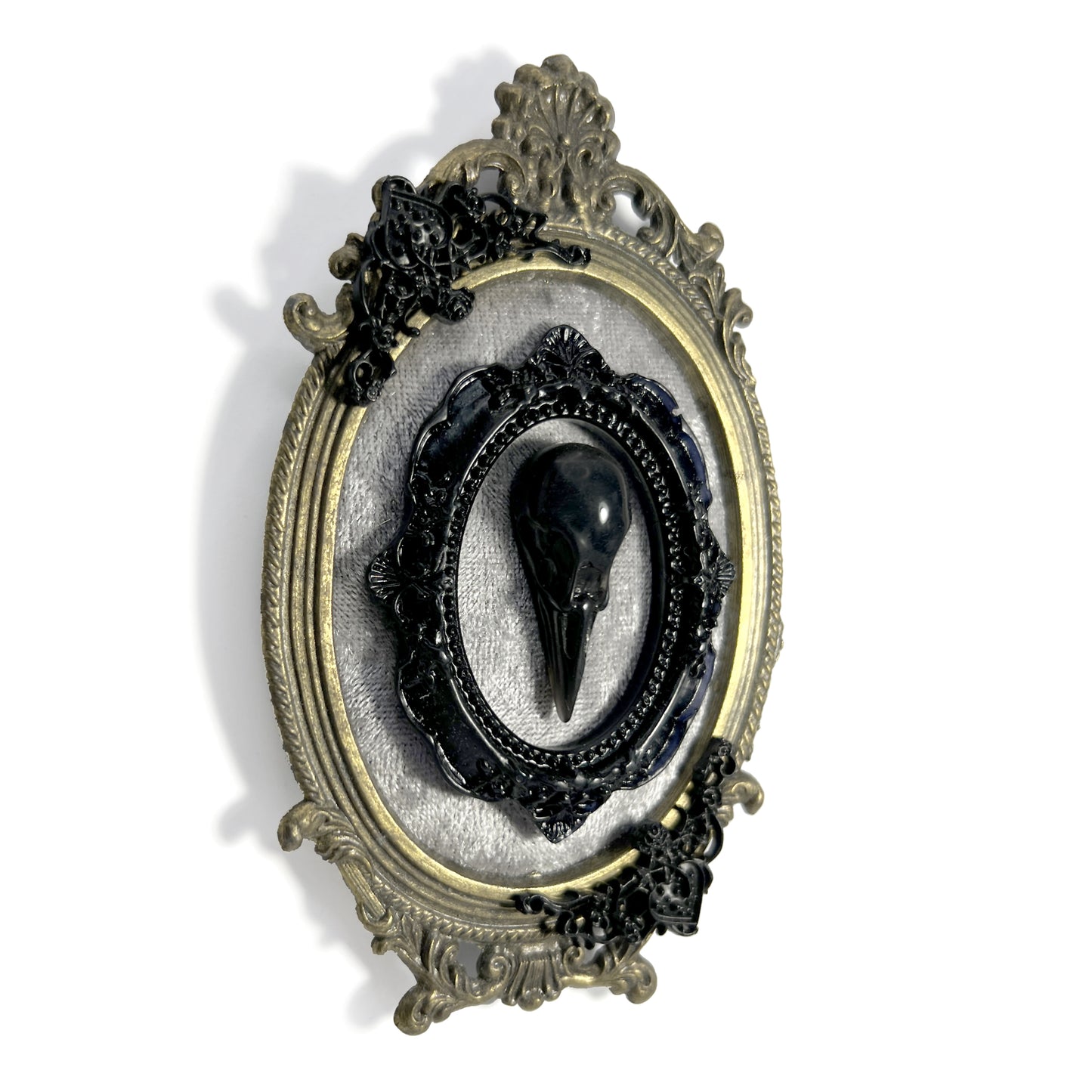 Black Resin Bird Skull on Grey Velvet Antique Framed Home Deco