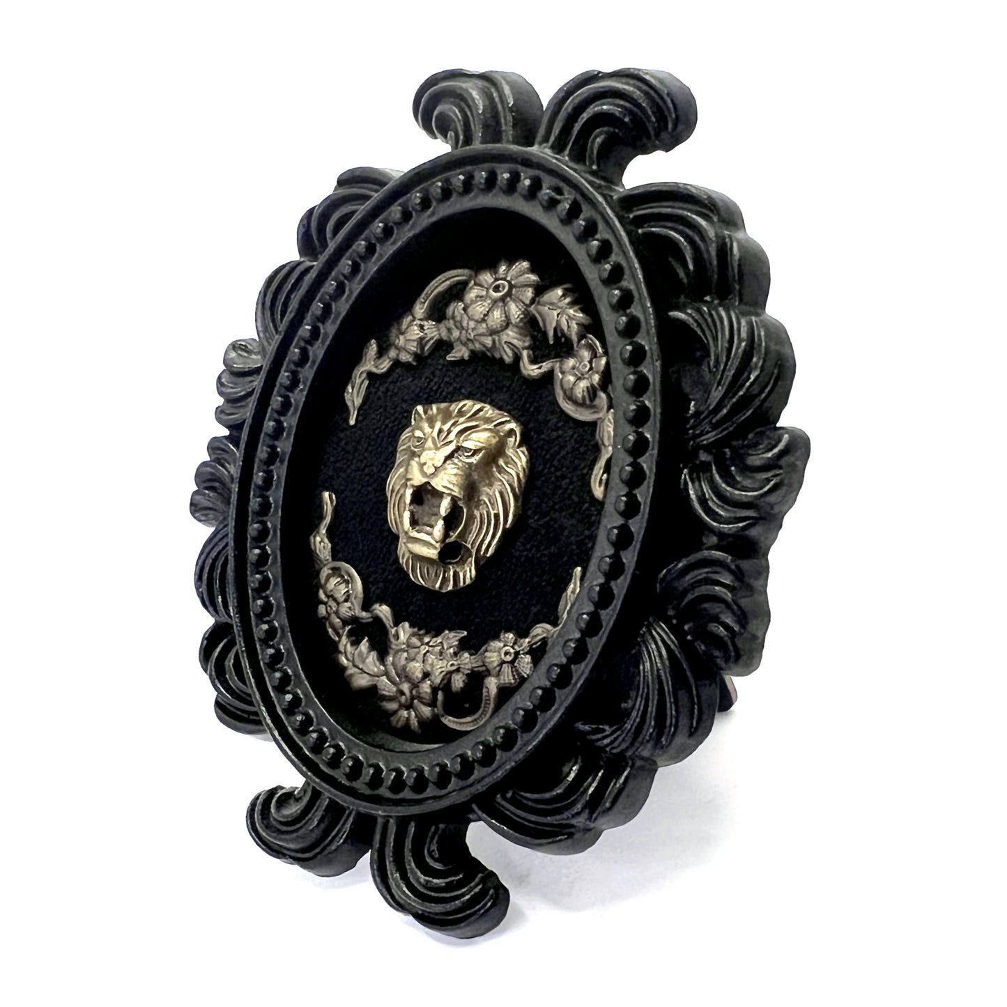 Small Black Resin Oval Frame with Brass Lion Face on Black Velvet Gothic Home Deco