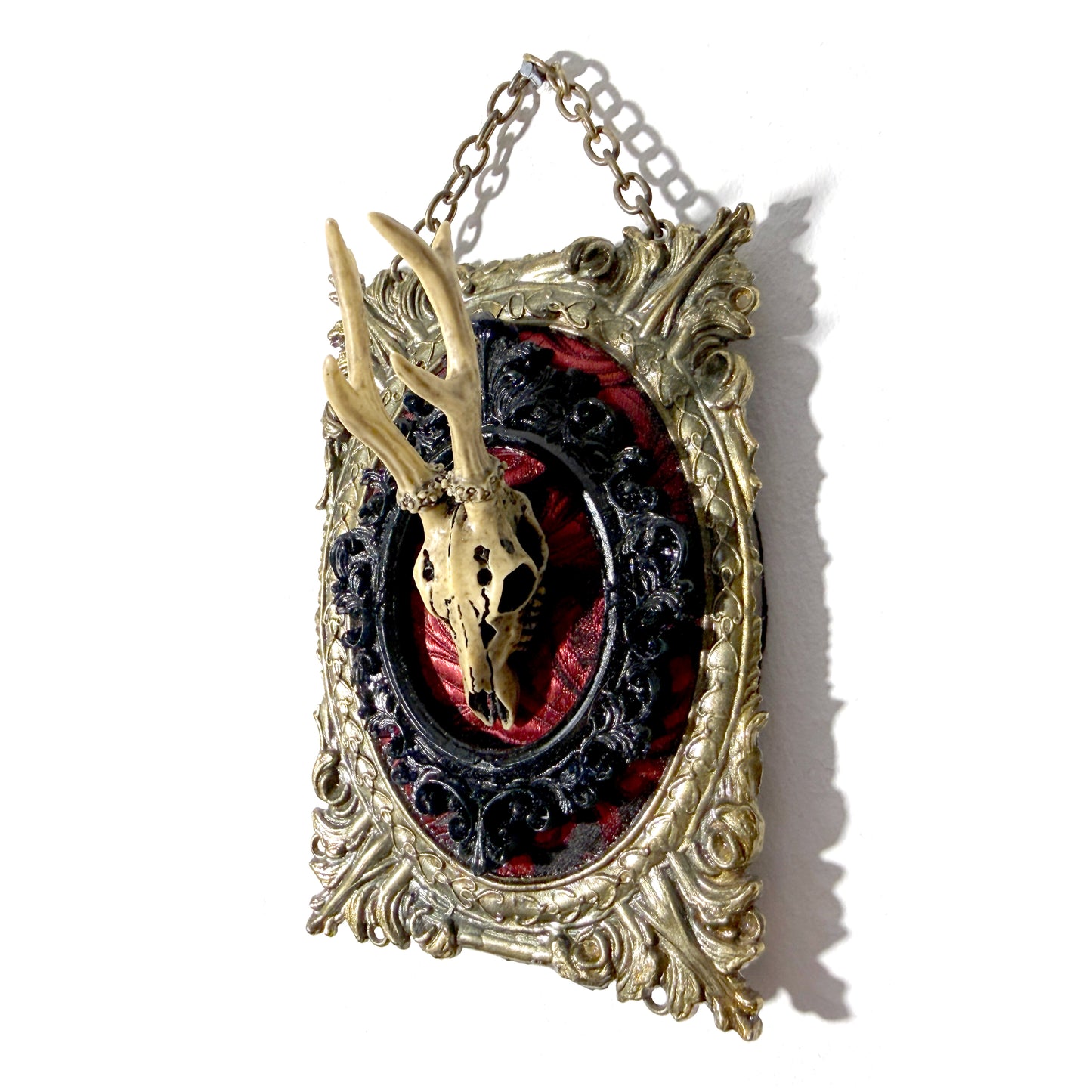 Resin Deer Skull on Red and Black Antique Framed Home Deco