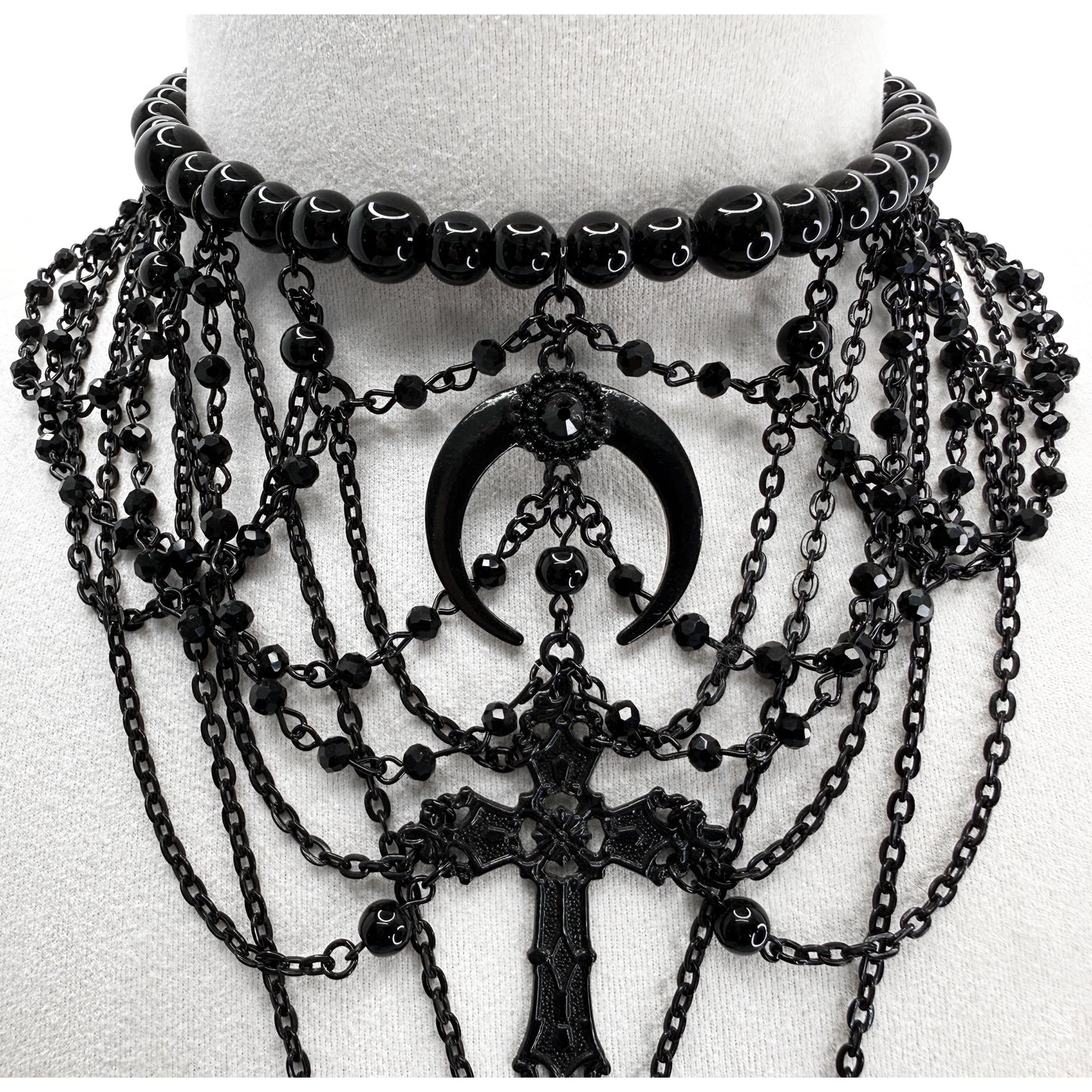 Black Multi-Strand Beaded Gothic Necklace with 4 Pendants