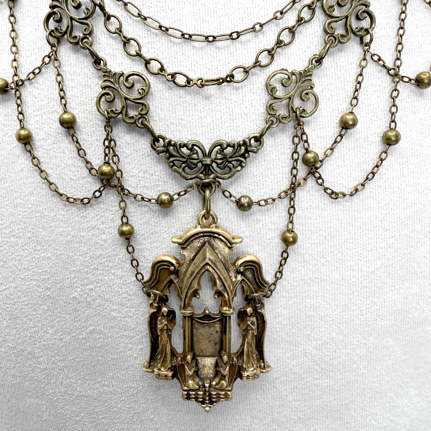 Brass and Vintage Chain Cathedral Pendant Gothic Necklace