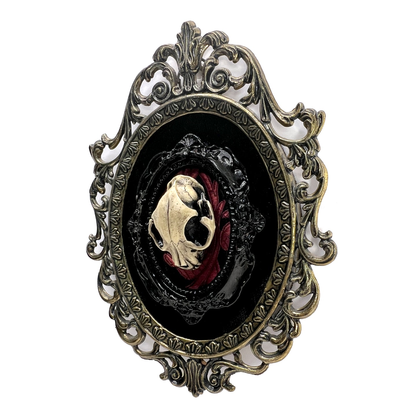 Resin Cat Skull on Black & Red Antique Framed Home Deco