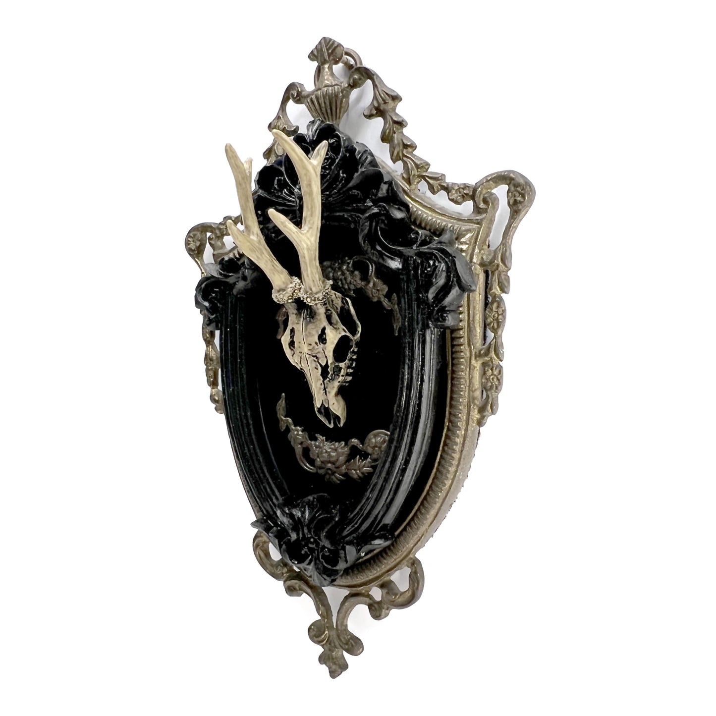 Resin Deer Skull in Unusual Shield Shape Antique Framed Home Deco