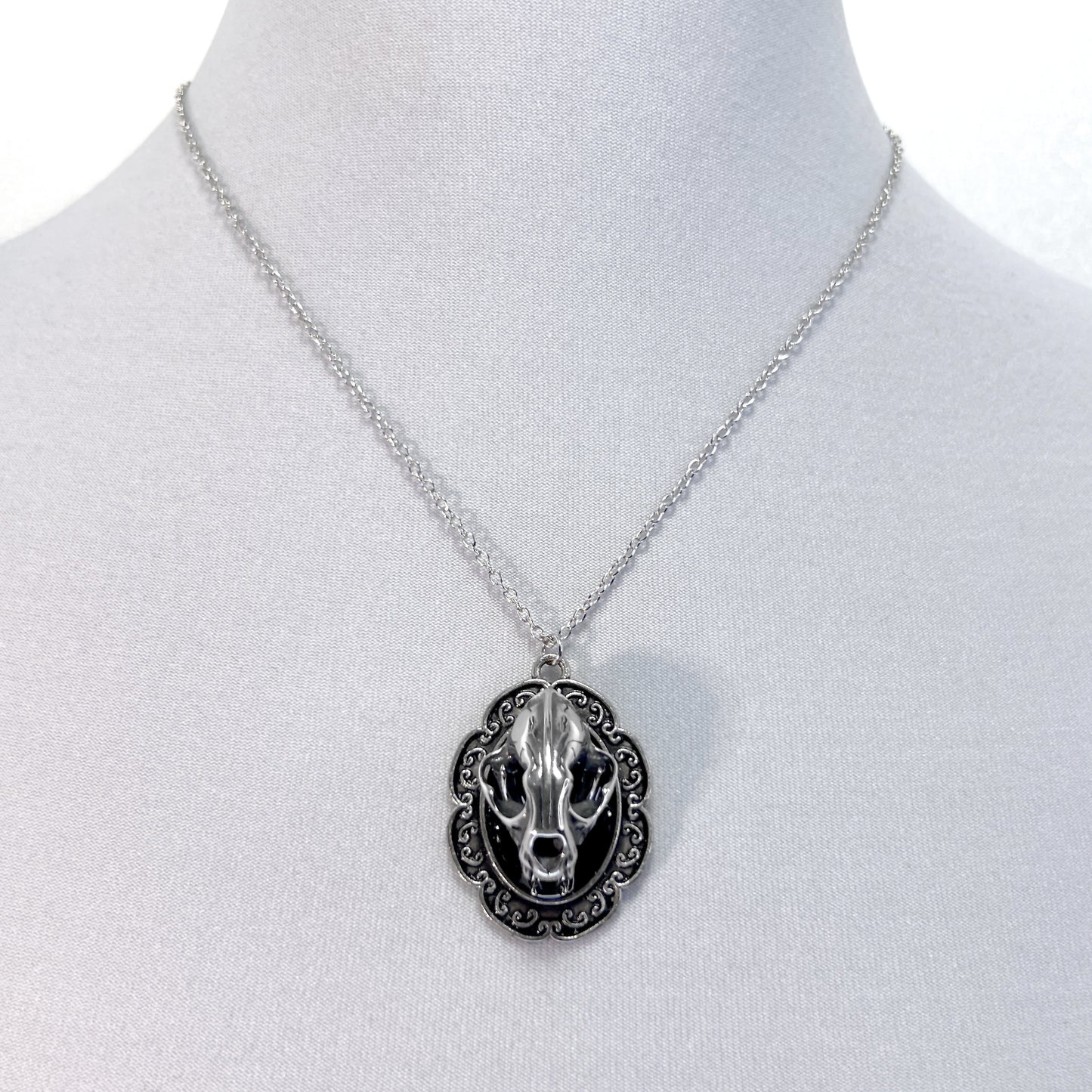 Silver Metal Cat Skull Necklace