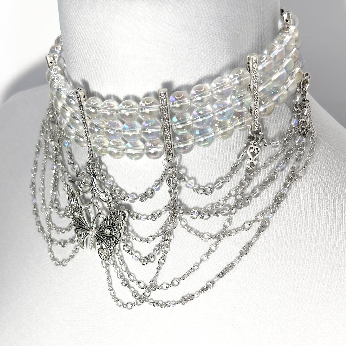 Iridescent Bead and Butterfly Choker Necklace