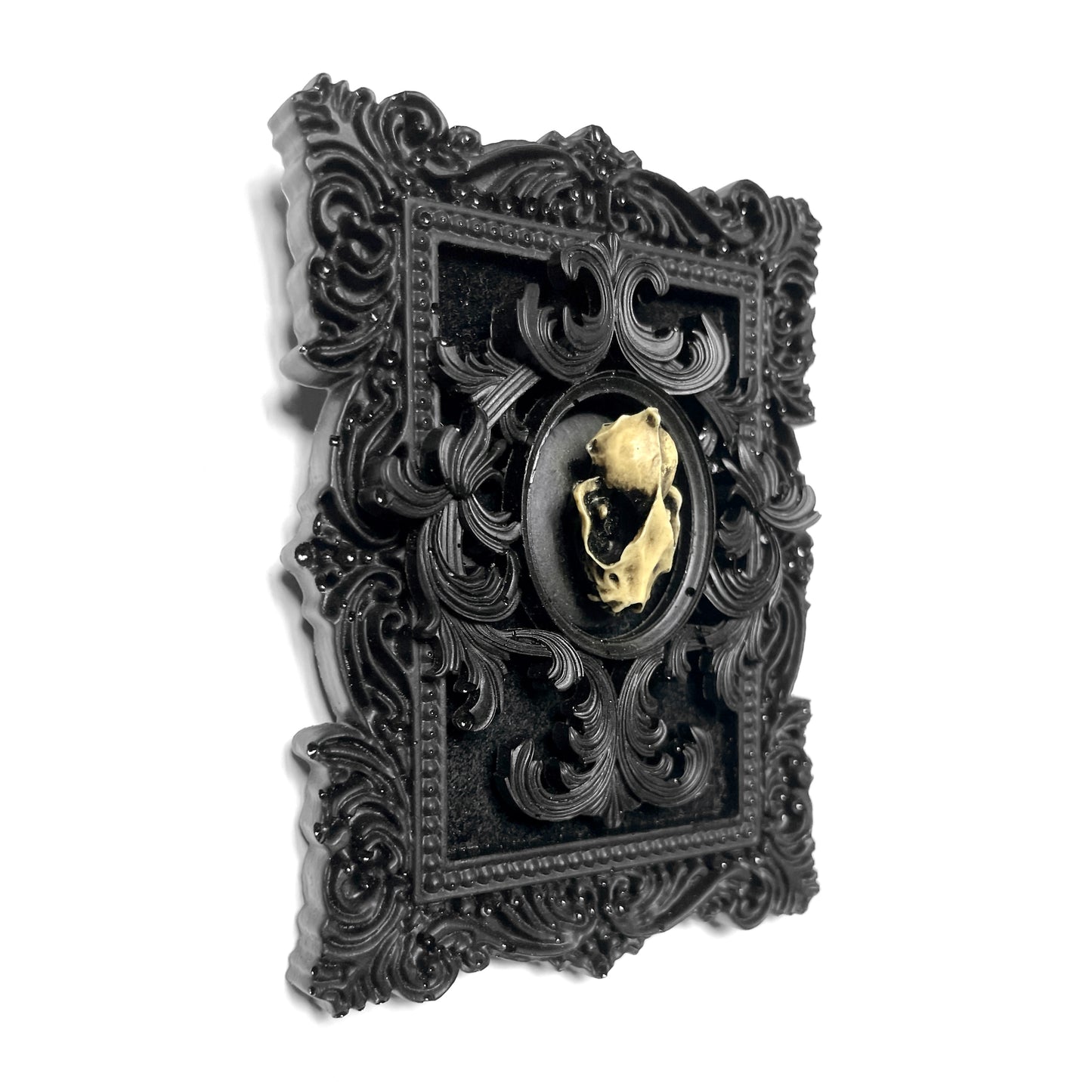 Black Resin Frame and Antiqued Bat Skull Gothic Home Deco