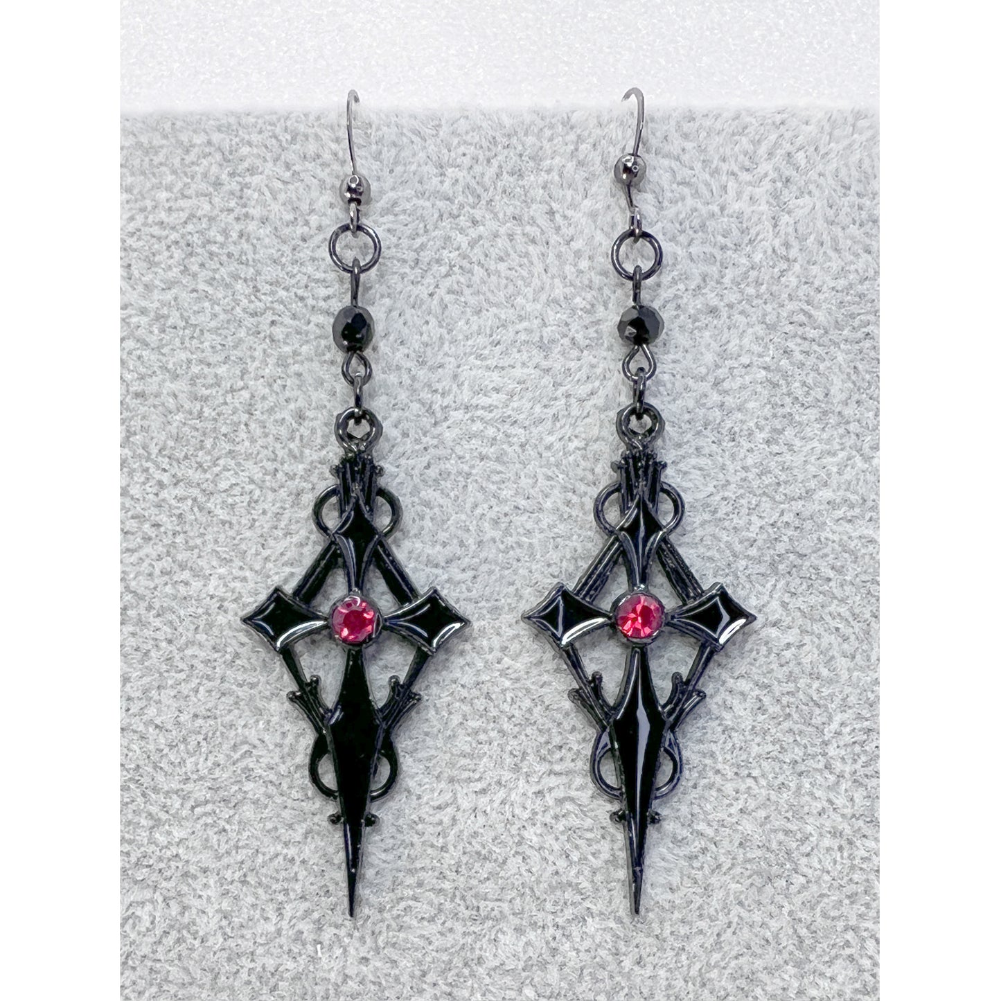 Black Pointed Gothic Cross with Blood Red Stone Earrings