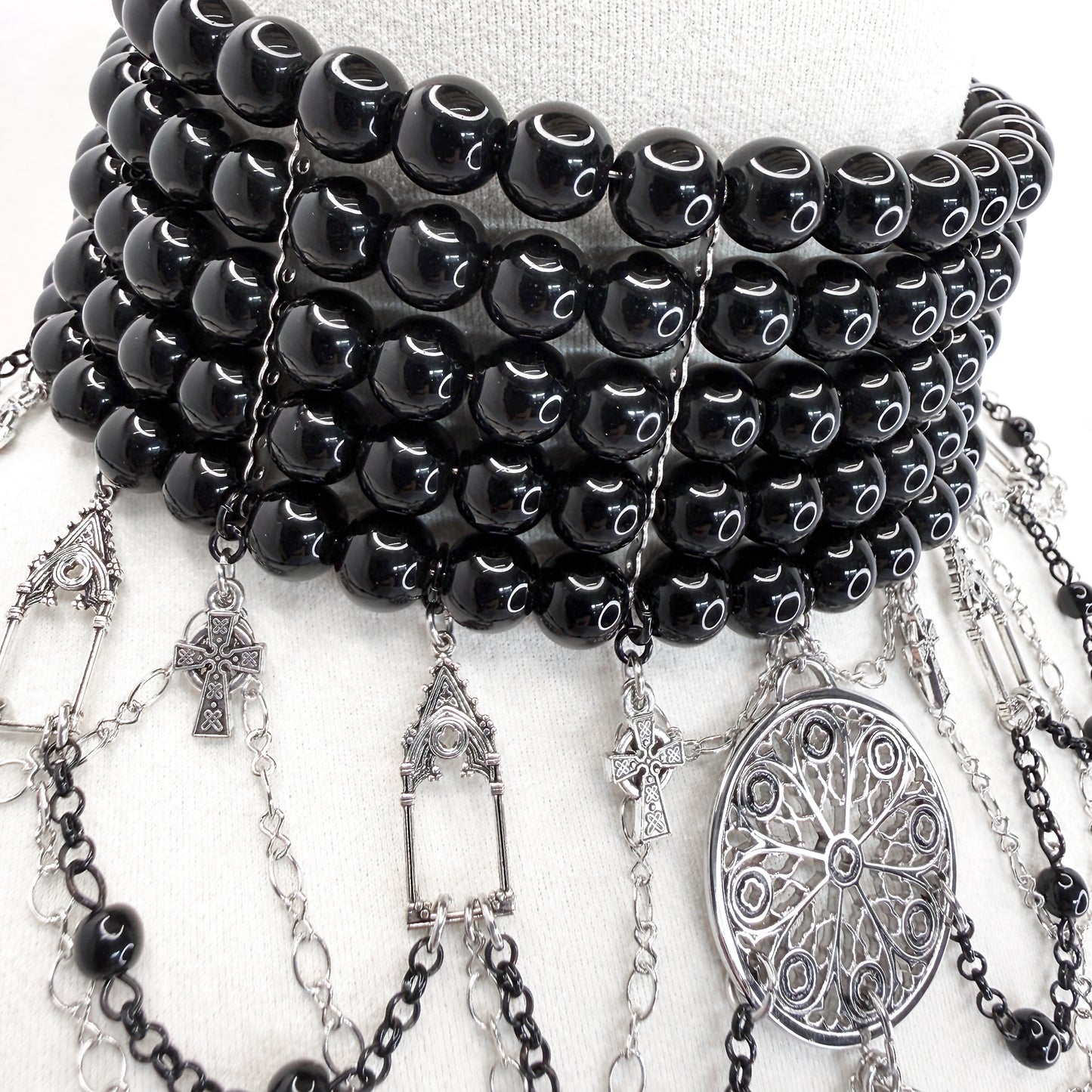 5 Row Black Glass Bead Gothic Choker Cathedral-Themed Necklace