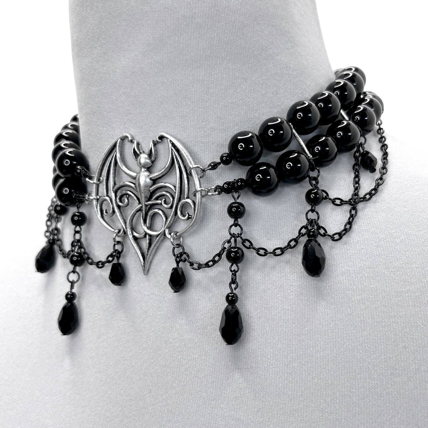 Large SIlver Bat and Black Glass Bead Necklace