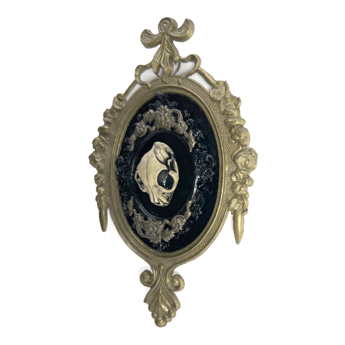 Resin Cat Skull on Black Velvet Antique Framed Home Deco